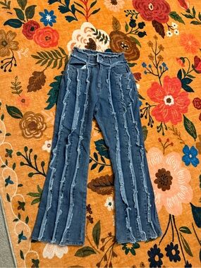 MACARON Blue Distressed Vertical-Stripe Flare Jeans